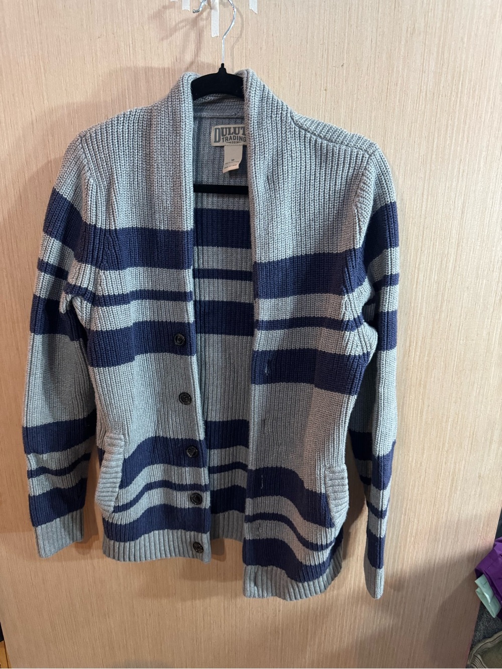 Duluth Trading Co Gray Navy Blue Striped Knit Button Closure Cardigan Medium